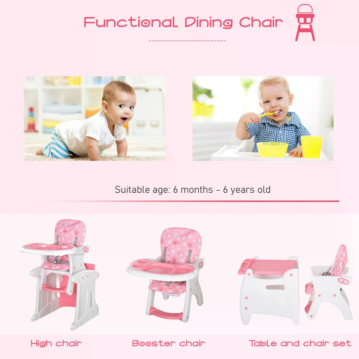 Pink and white baby high chair convertible to a booster seat or table-chair set
