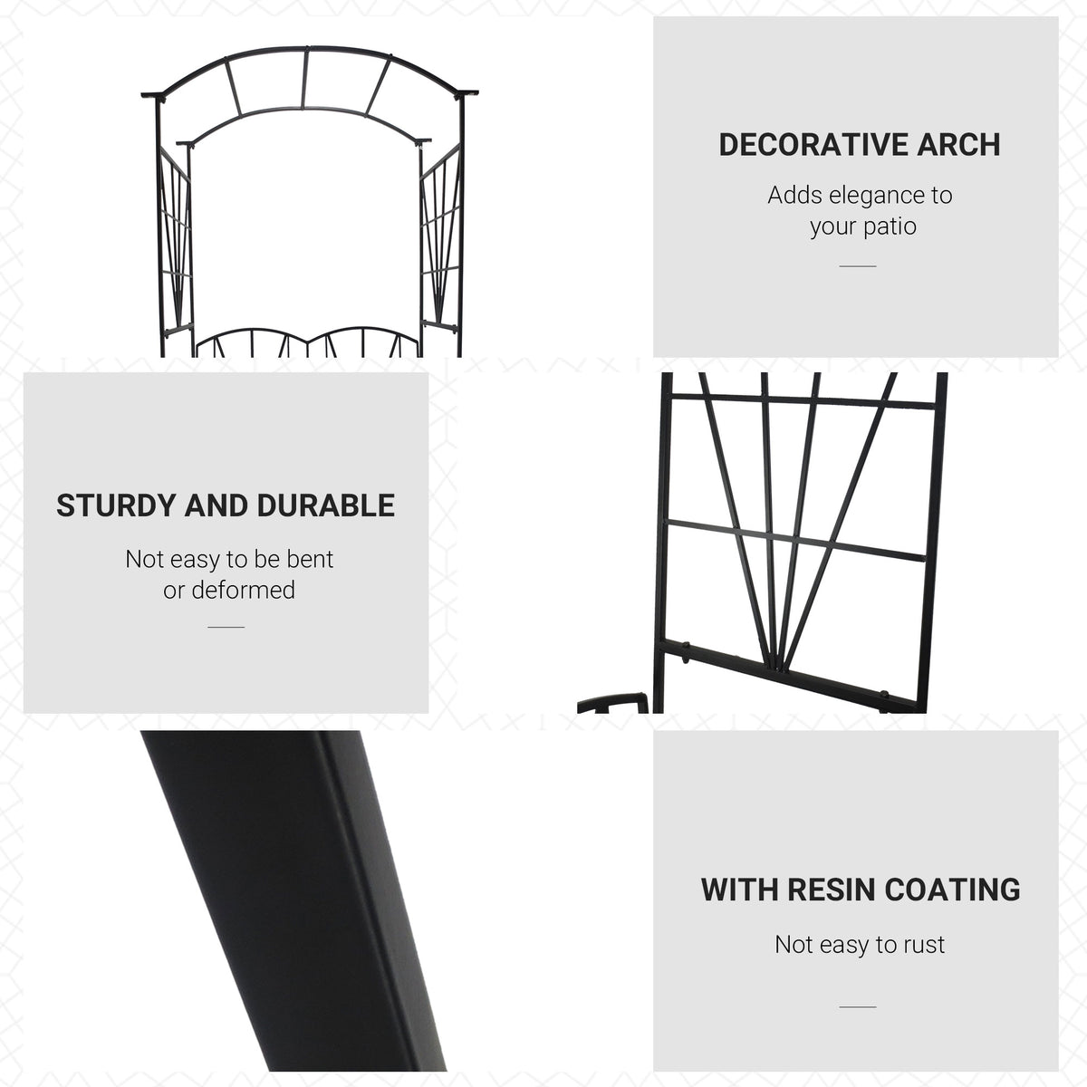 Garden bench details show decorative arch, sturdy metal frame, and resin coating