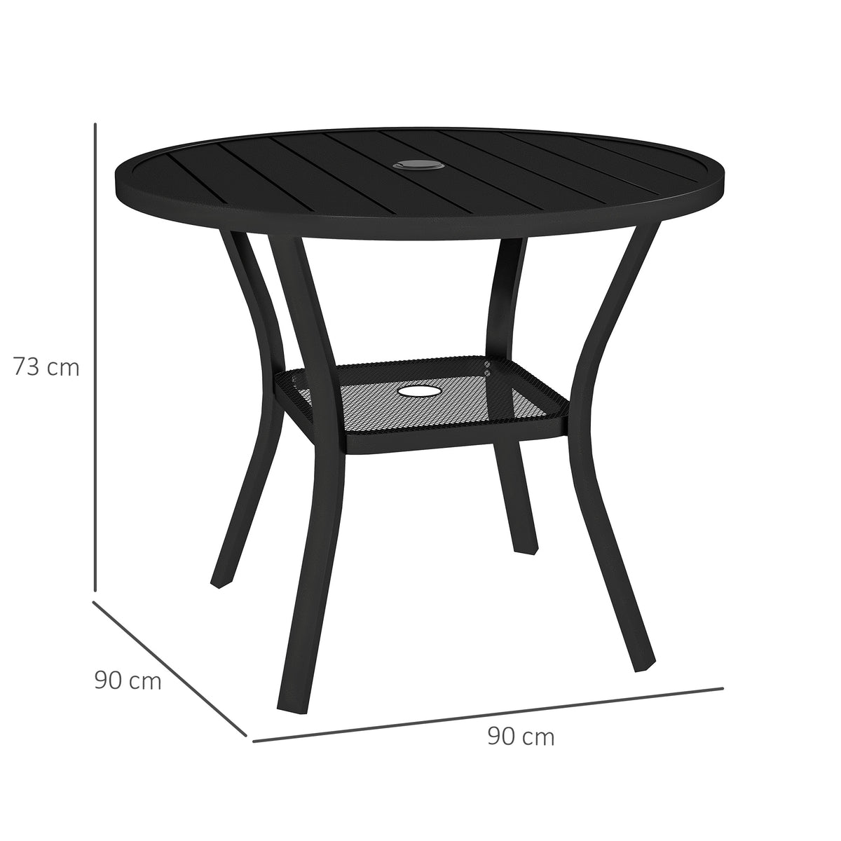 Outsunny round black garden table, 90 cm wide and 73 cm high, with slatted top and wire shelf