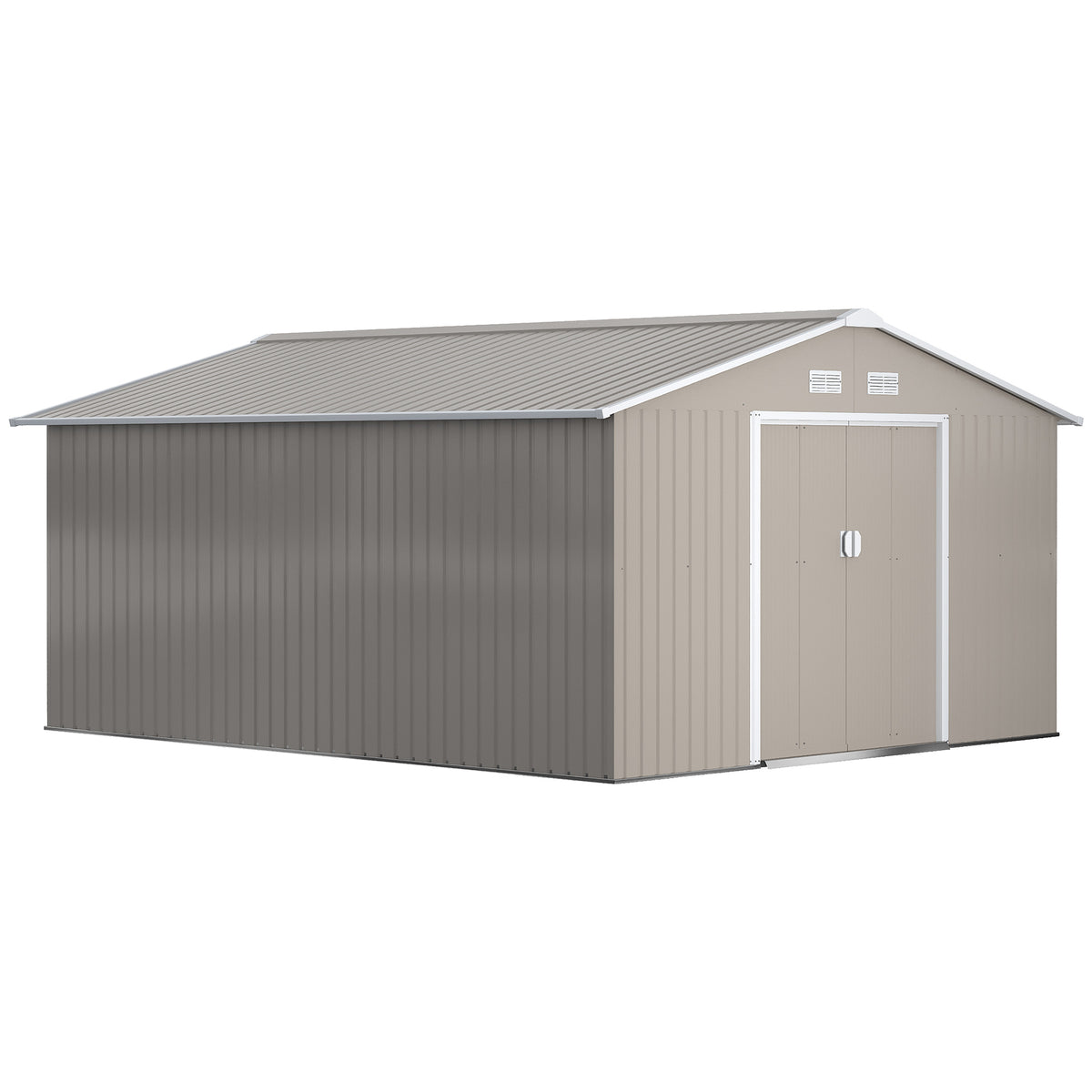 Outsunny light gray metal garden shed with a pitched roof and closed double doors