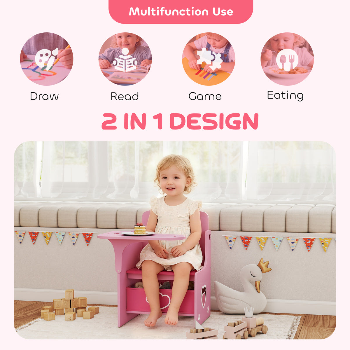 AIYAPLAY Kids Table and Chair Set, Children Desk and Chair with Storage Bins for Playing, Reading, Painting, for Ages 3-5, Pink