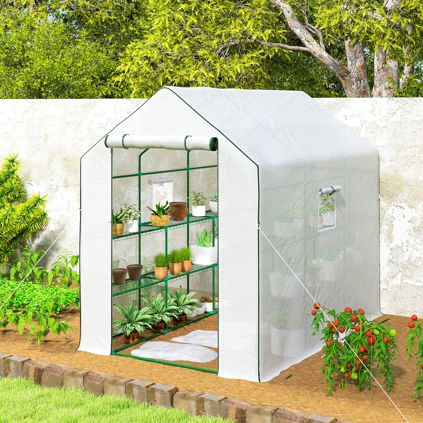 Outsunny Walk-in Greenhouse with 3 Tier 12 Shelves, Small Greenhouse with Reinforced PE Cover, Garden Plant Growhouse with Roll-up Door and Three Mesh Windows, 140 x 213 x 190 cm, White