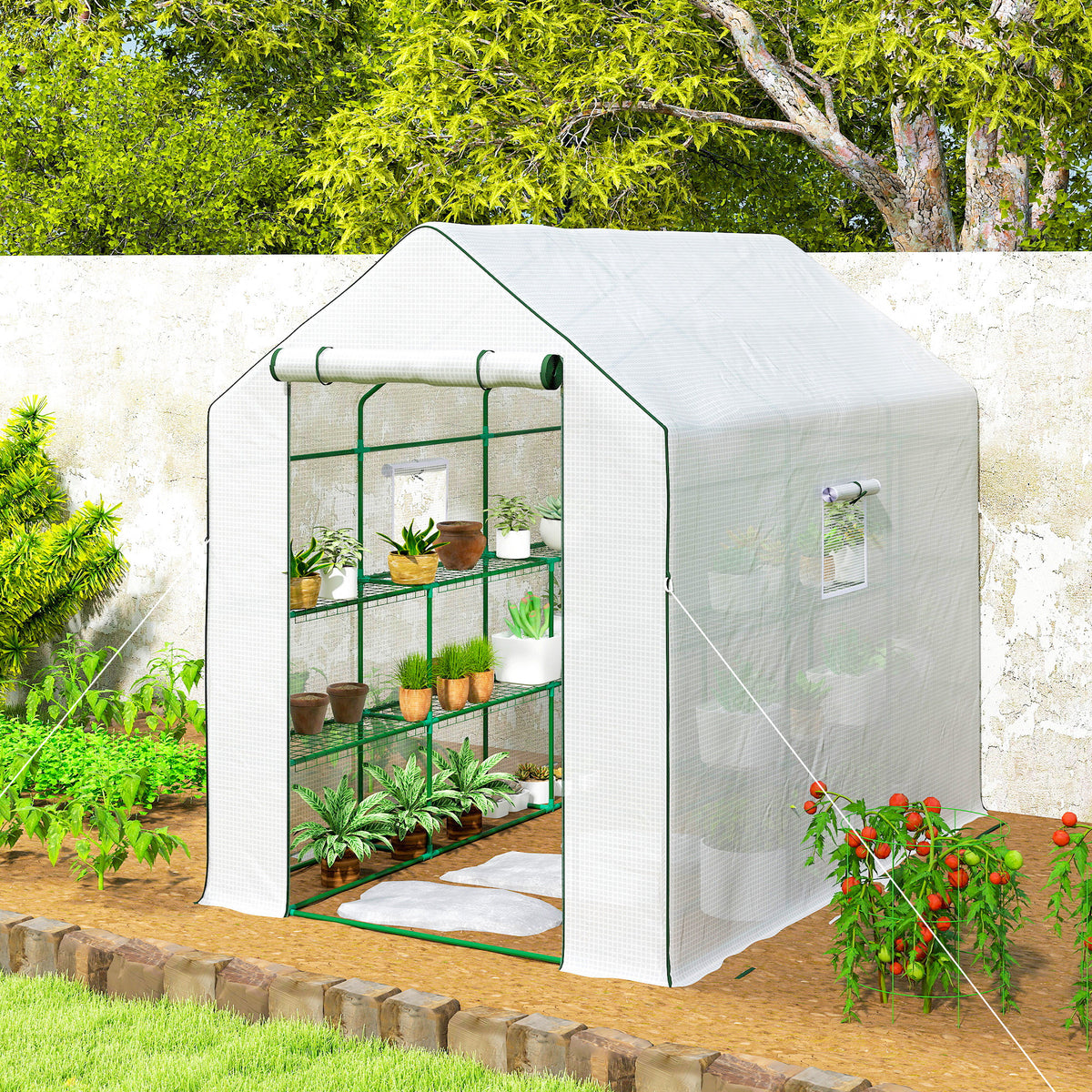 Outsunny Walk-in Greenhouse with 3 Tier 12 Shelves, Small Greenhouse with Reinforced PE Cover, Garden Plant Growhouse with Roll-up Door and Three Mesh Windows, 140 x 213 x 190 cm, White