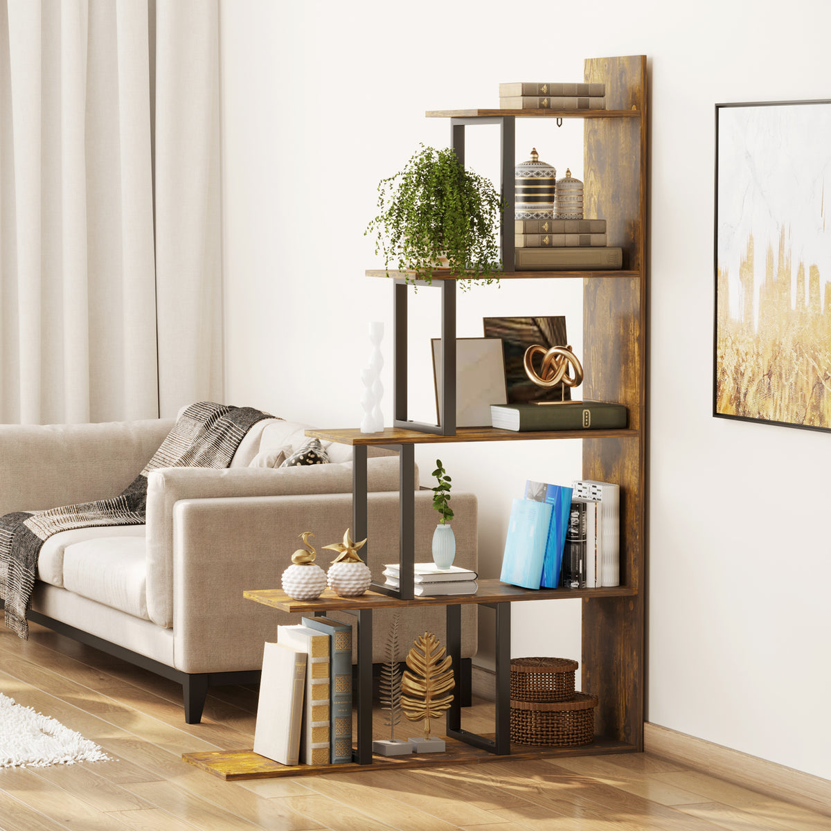 Rustic brown ladder bookshelf styled with books, plants, and decorative objects