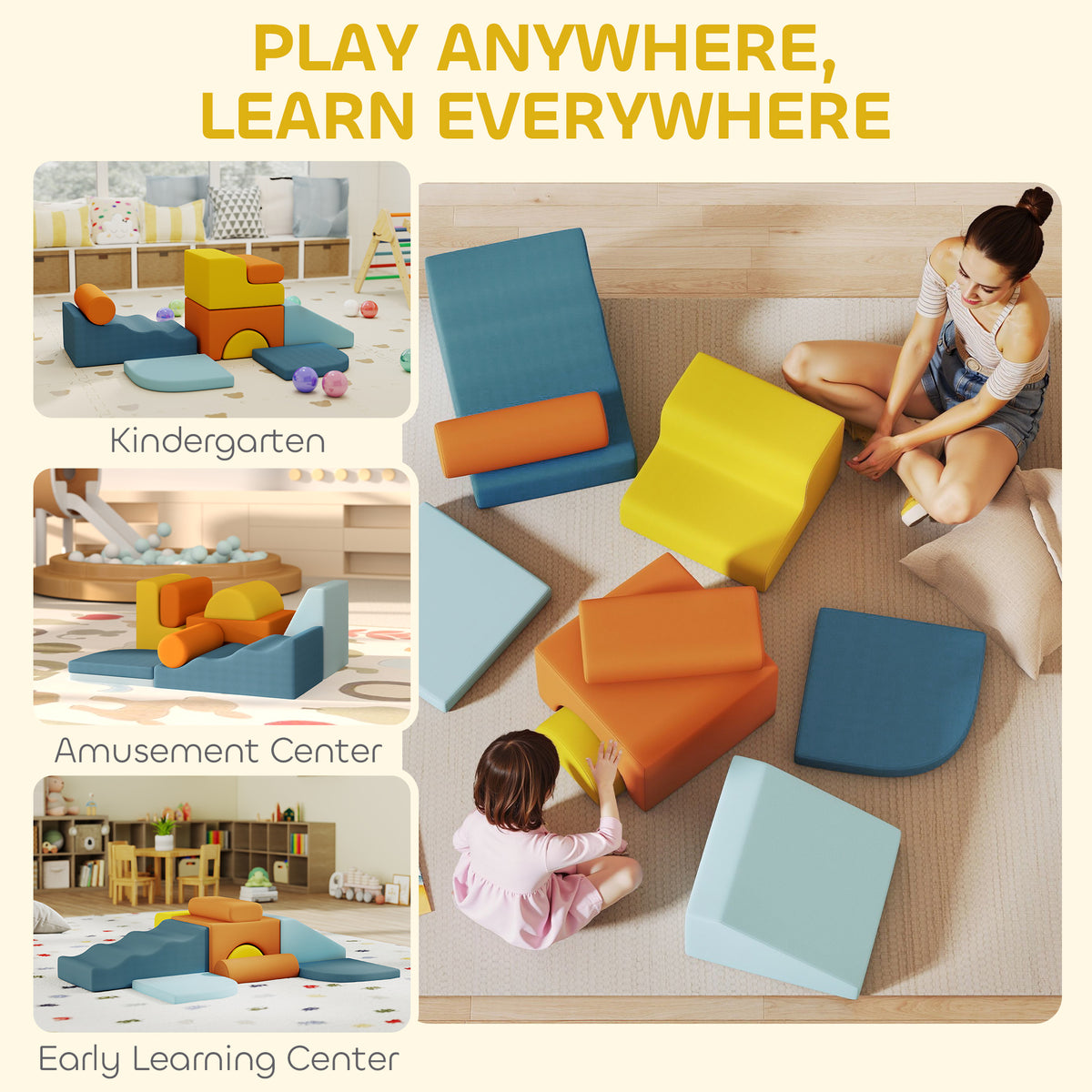 AIYAPLAY 9-Piece Soft Play Set, Kids Soft Play Foam Blocks with Detachable Cover for Climbing and Crawling