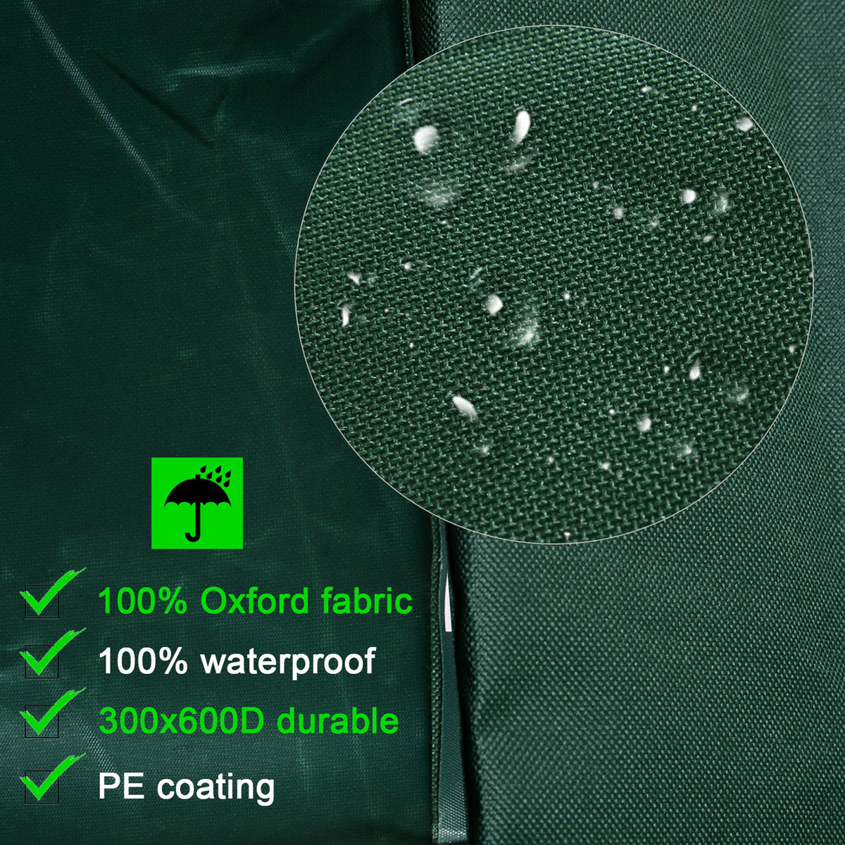 Green Oxford fabric furniture cover with a close-up of its woven, water-repellent surface