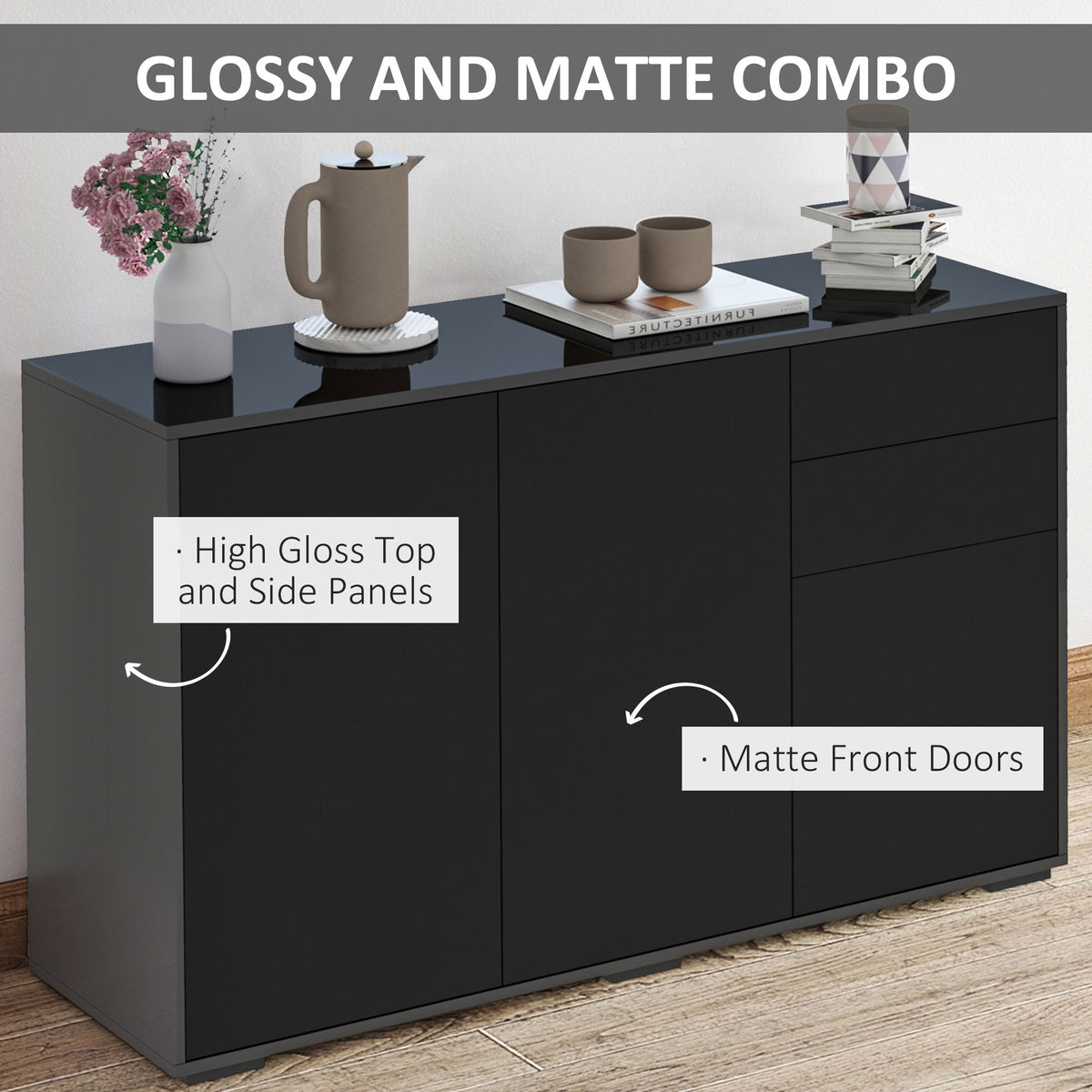 Black side cabinet with glossy top and sides and matte front doors