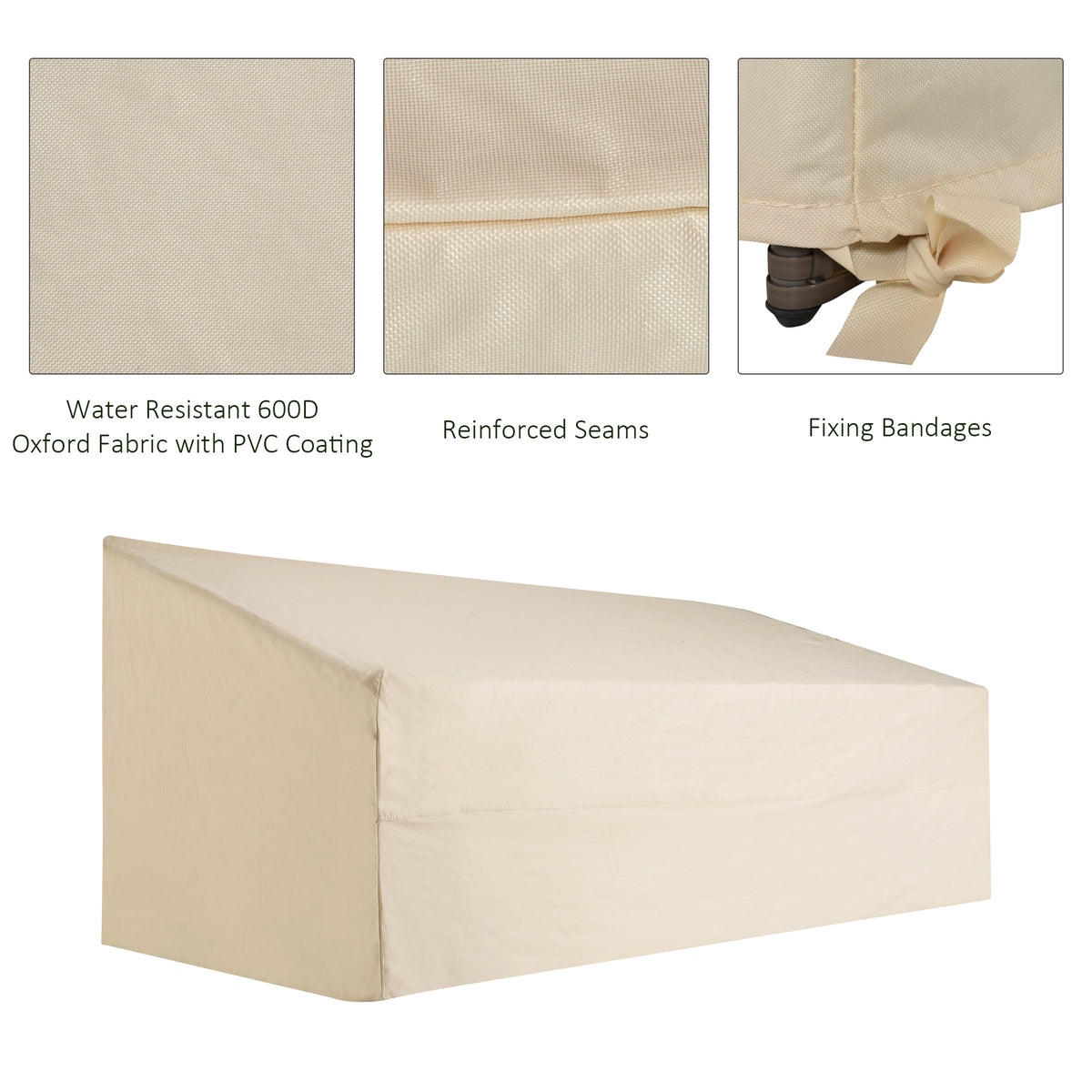 Beige outdoor sofa cover with reinforced seams and tie-down straps