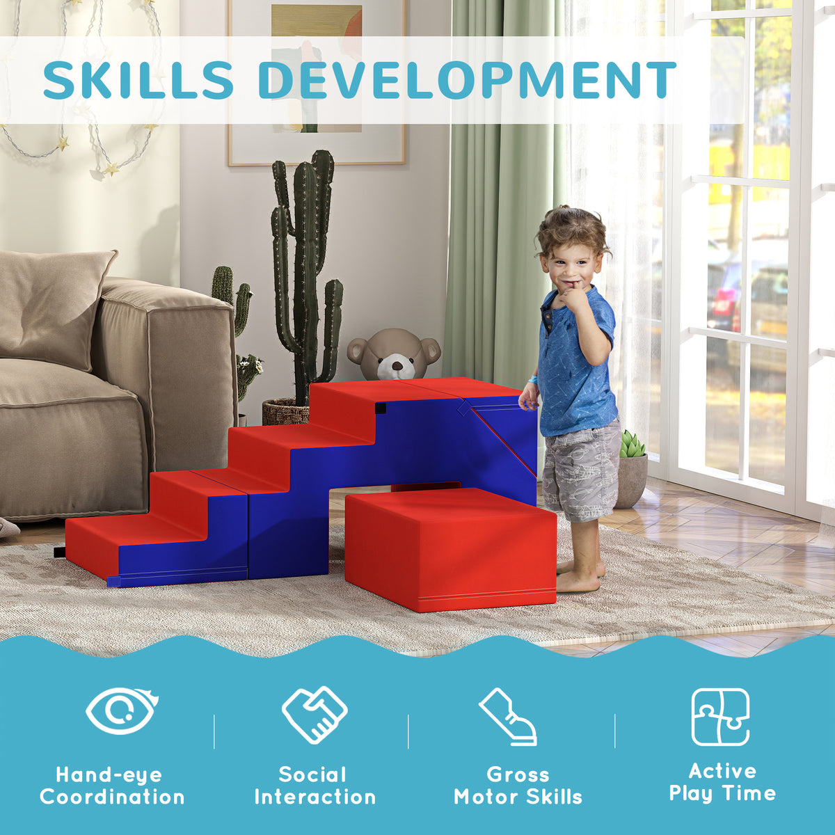 HOMCOM blue and red foam climbing set with steps and block beside a toddler