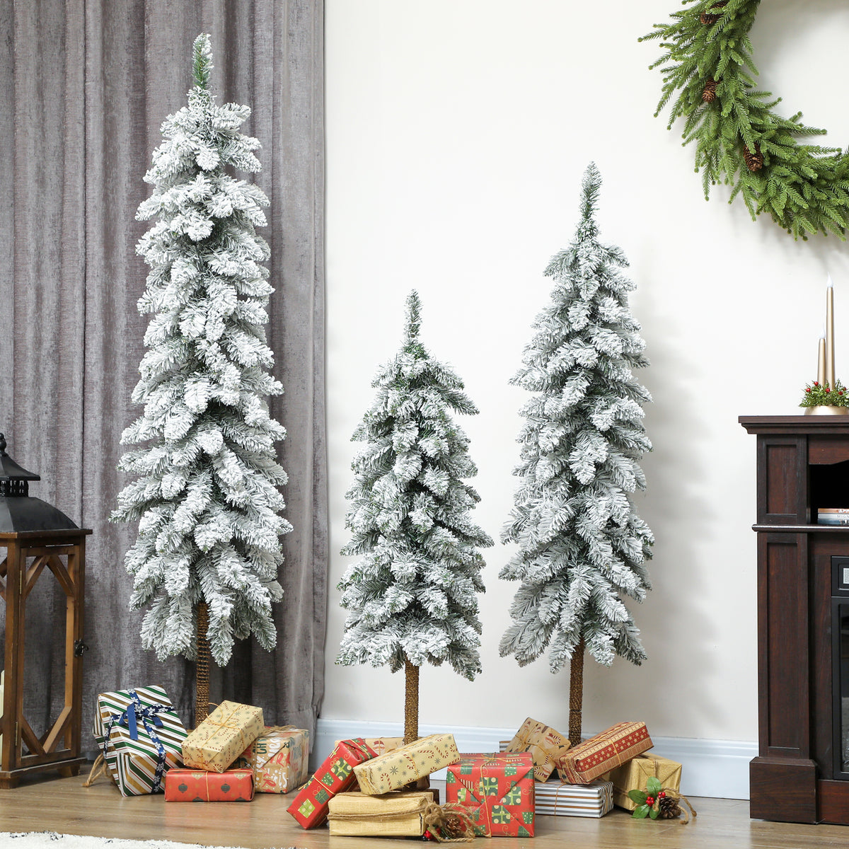 HOMCOM Set of 3 Pencil Flocked Christmas Tree, 3ft 4ft 5ft