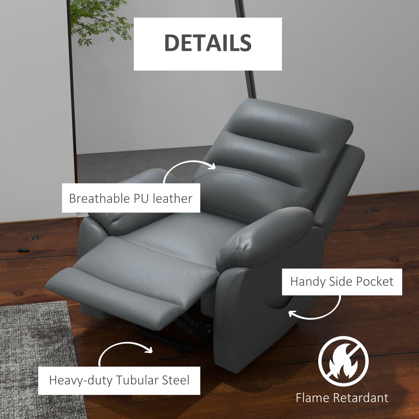 HOMCOM Electric Riser and Recliner with 8 Vibration Massage, PU Leather Power Lift Recliner Chair for Living Room with Side Pockets, Footrest, Grey
