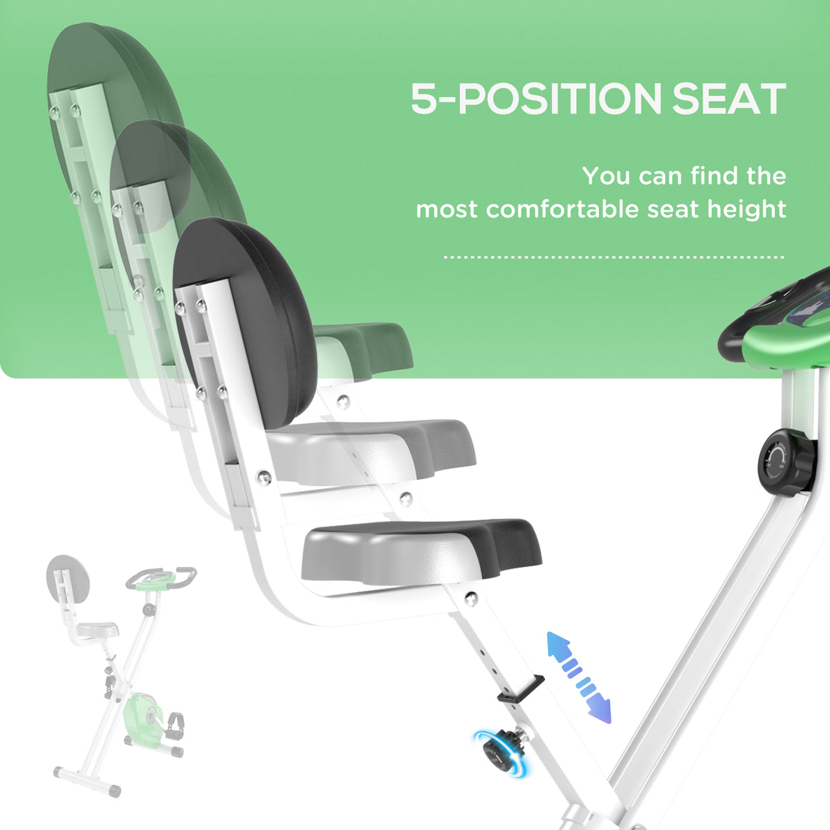 Exercise bike with adjustable five-position seat height and padded backrest