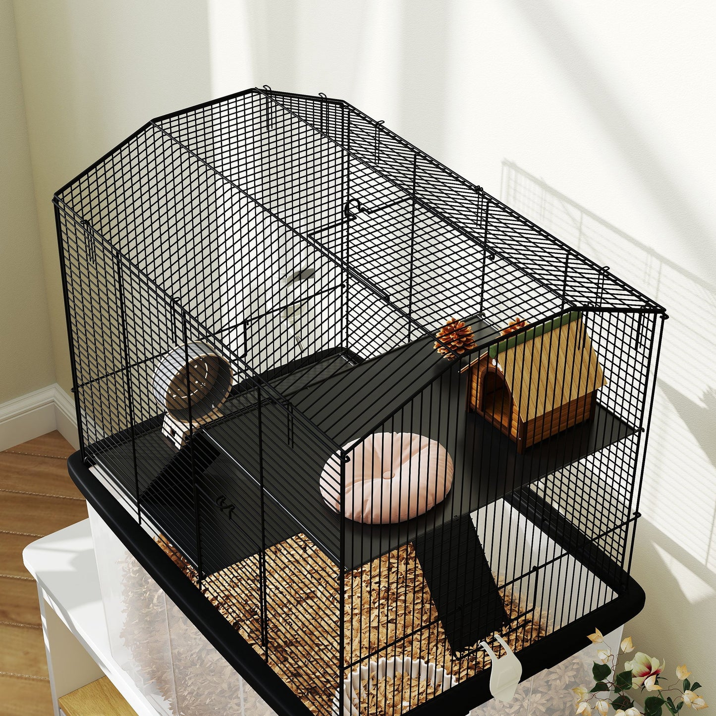 PawHut Three-Tier Gerbil Cage, Hamster Cage for Dwarf Hamster w/ Wheels, Deep Bottom, Food Dish, Water Bottle