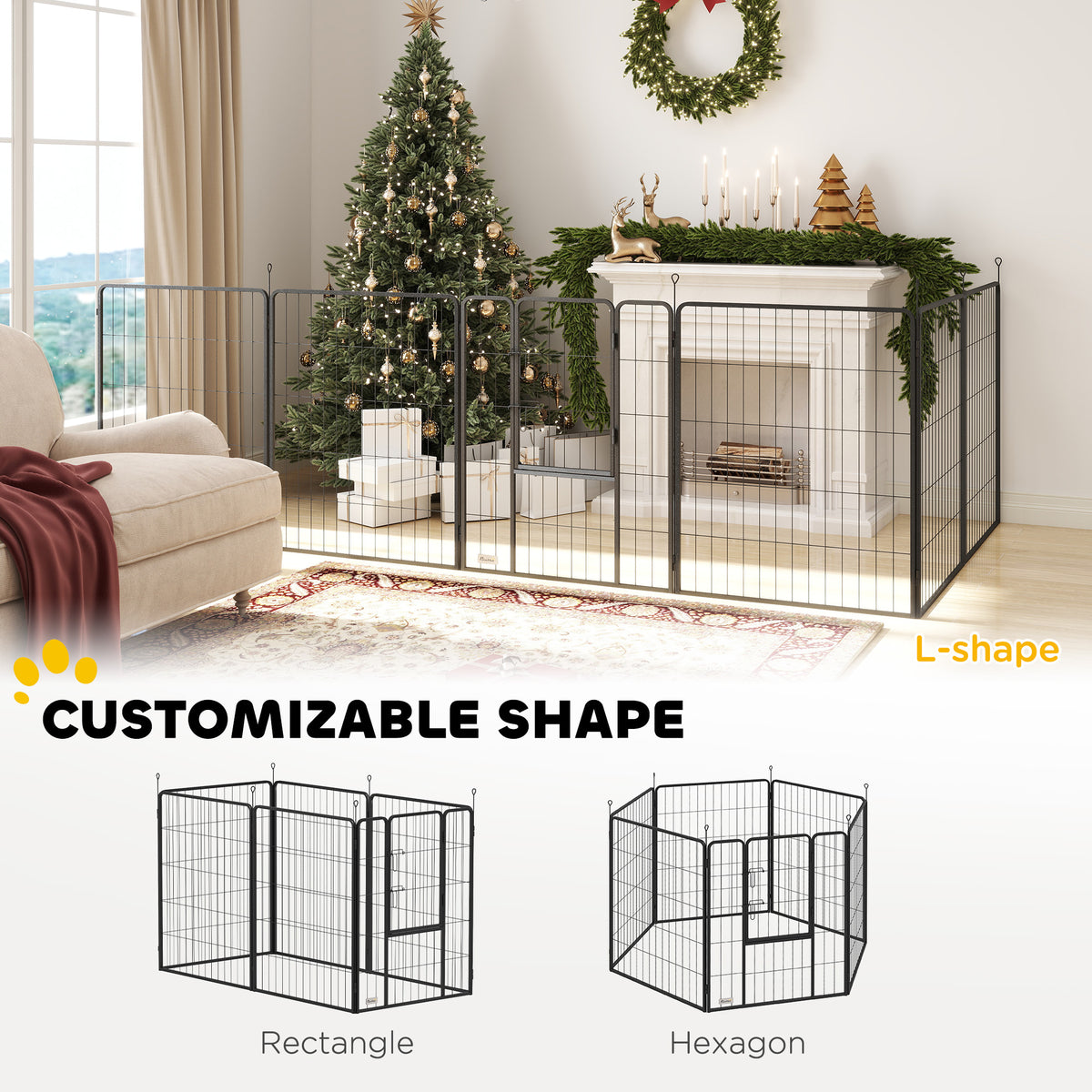 PawHut black dog playpen arranged in an L-shape, with rectangle and hexagon layout examples