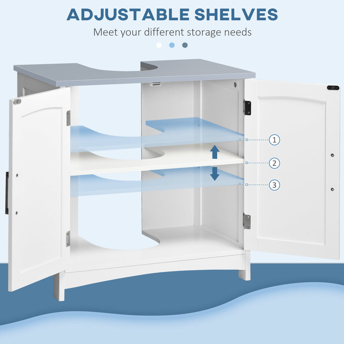 White under-sink cabinet shown open, with adjustable shelves and a cutout for sink plumbing.