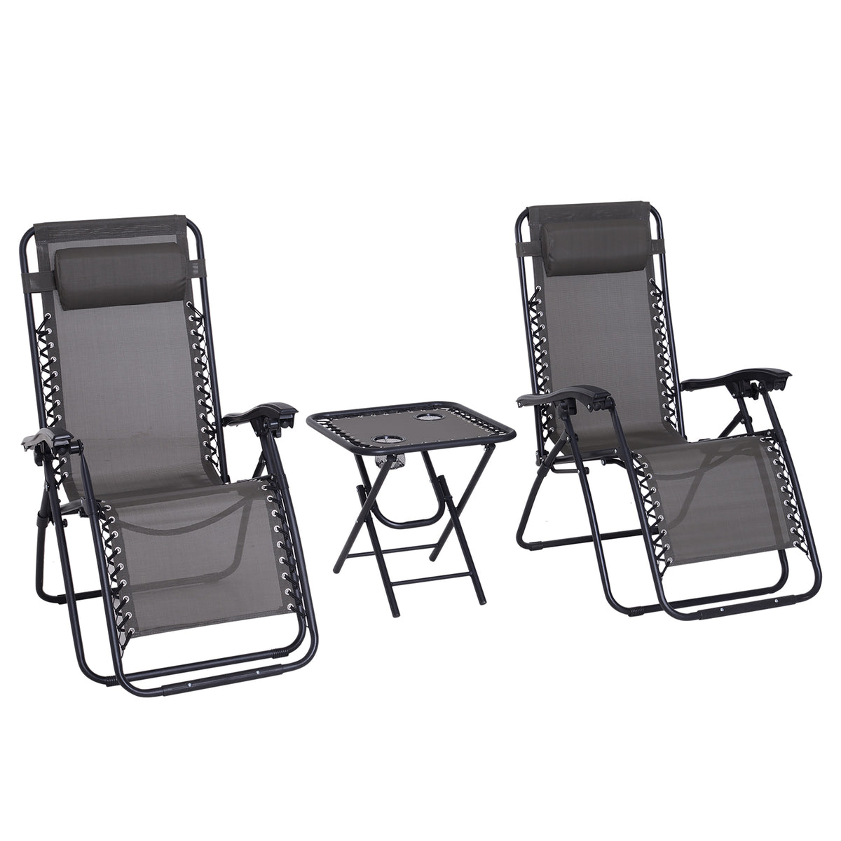 Photo of Outsunny 3pcs Folding Zero Gravity Chairs Sun Lounger Table Set w/ Cup Holders Reclining Garden Yard Pool, Dark Grey in Grey colour on a white background