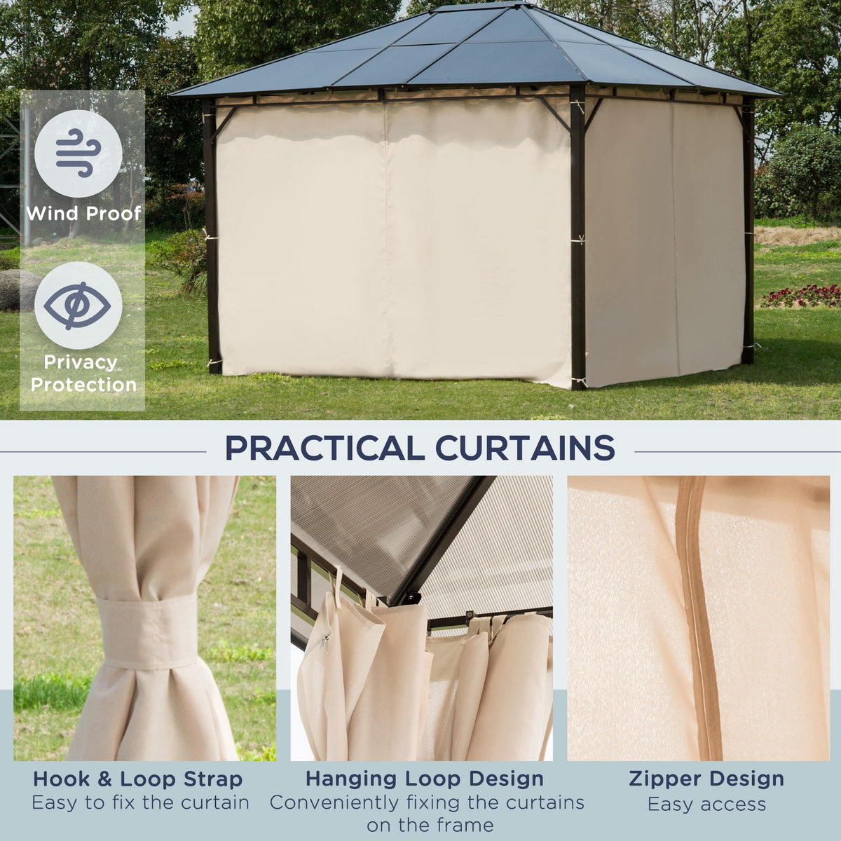 Gazebo with closed beige curtains and close-ups of curtain straps, loops, and zipper