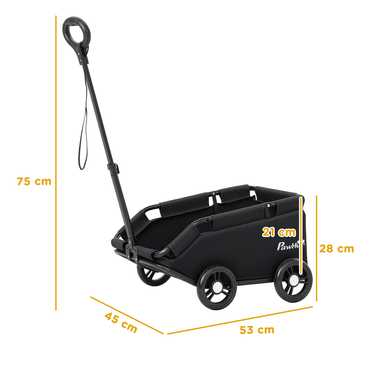 Black pet wagon with four wheels and handle, shown with dimensions of 53 by 45 by 28 cm.