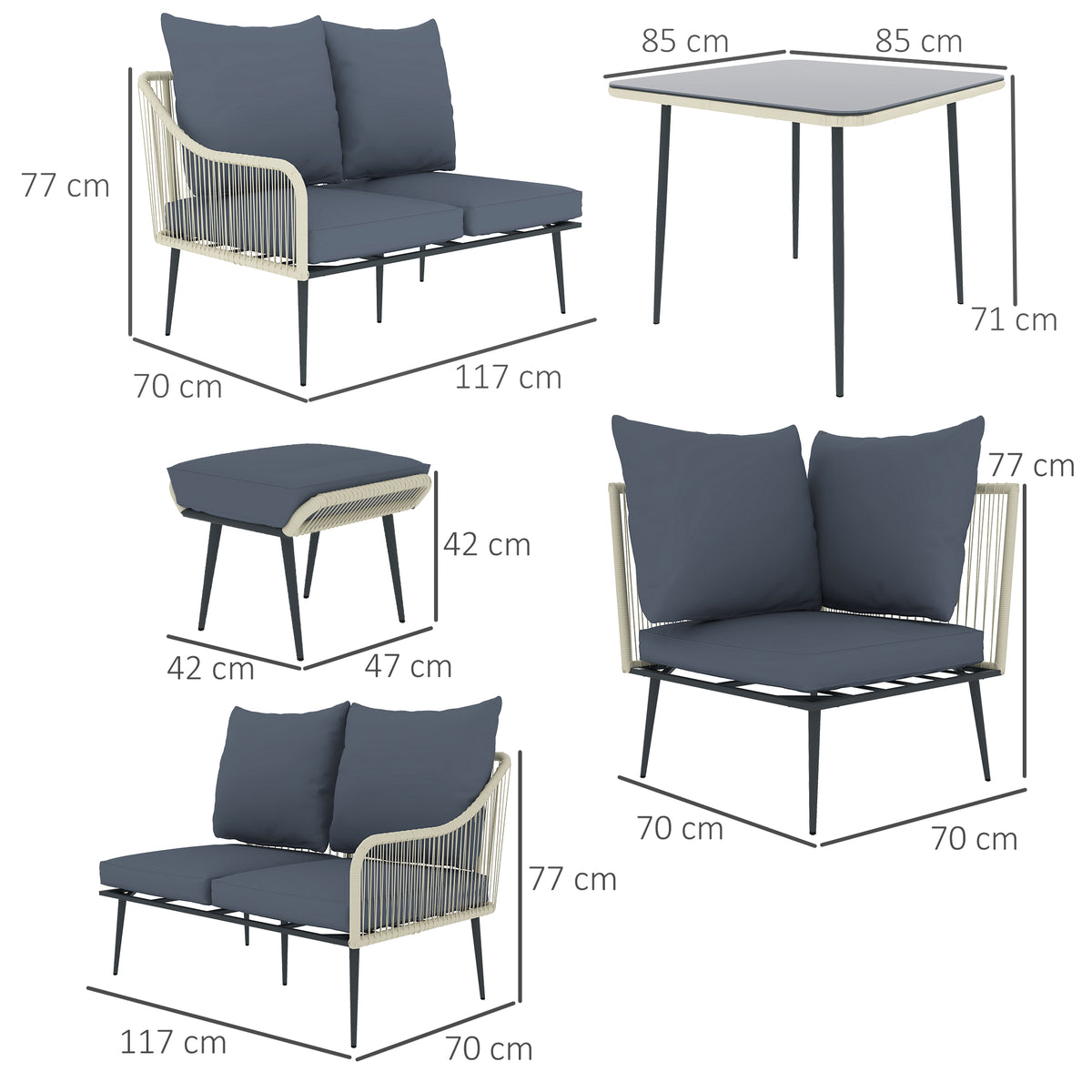 Garden sofa set components with seating and table dimensions shown
