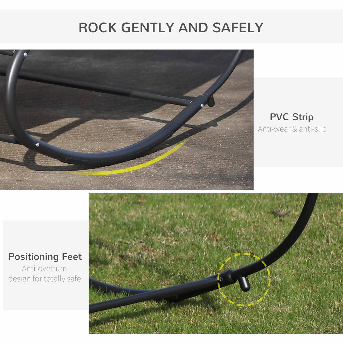 Outsunny rocking sun lounger frame detail showing anti-slip strips and stabilizing feet