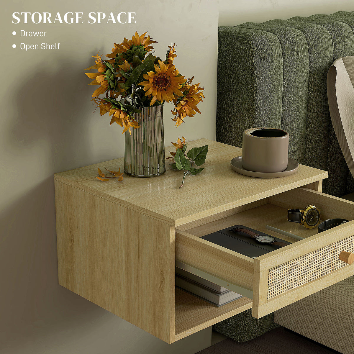 Wood-effect bedside table with open drawer, rattan front, and lower shelf