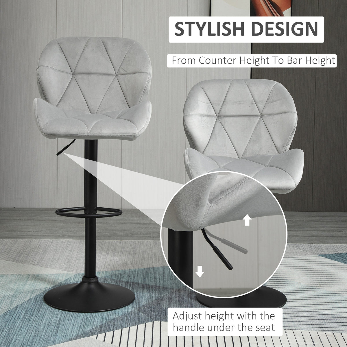 Light gray adjustable bar stool shown at two heights, with under-seat height adjustment handle