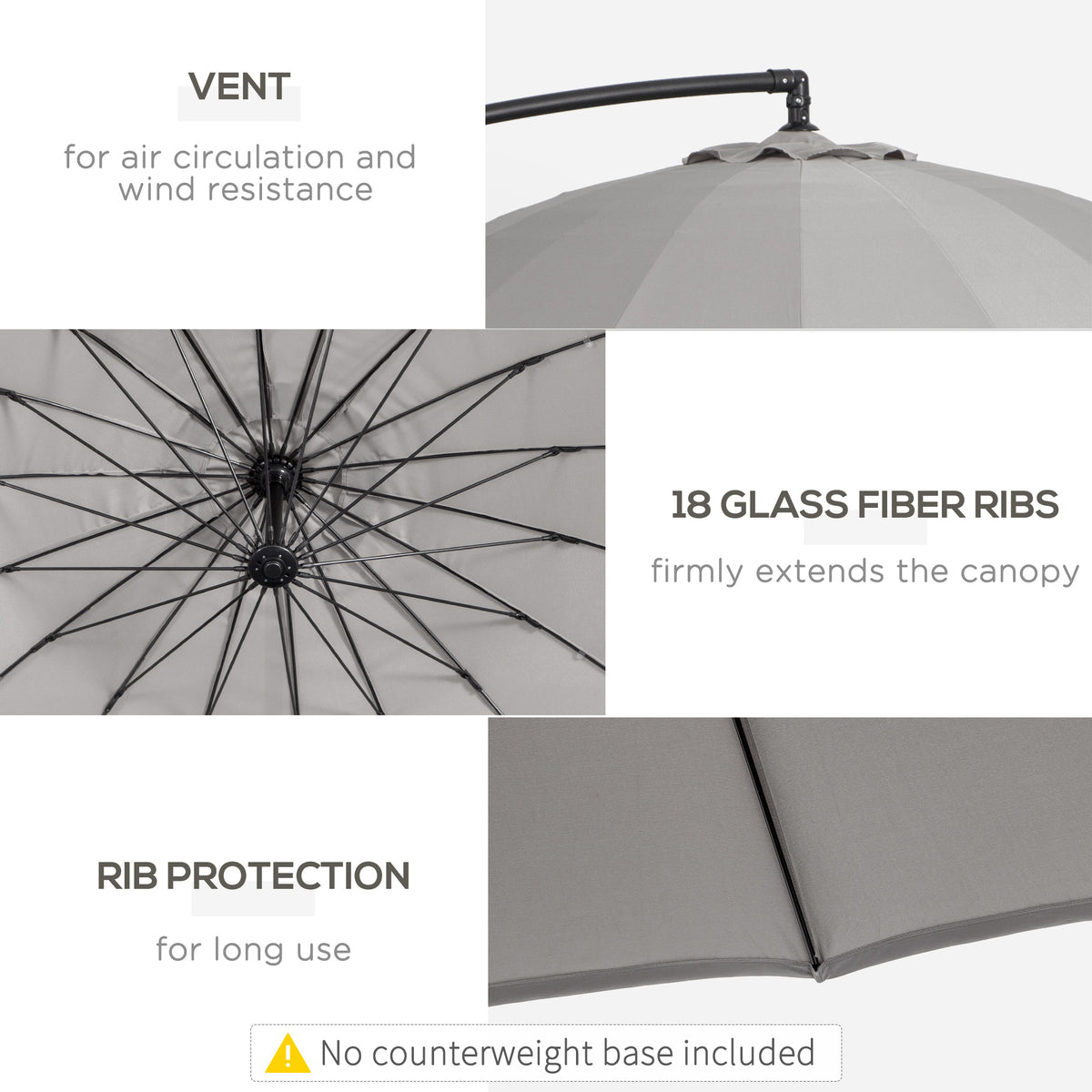 Outsunny umbrella canopy showing vent, 18 fiberglass ribs, and reinforced rib tips