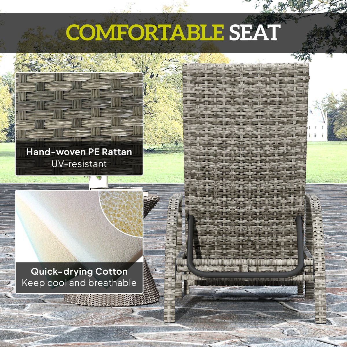 Rear view of grey woven rattan lounger with cushioned seat