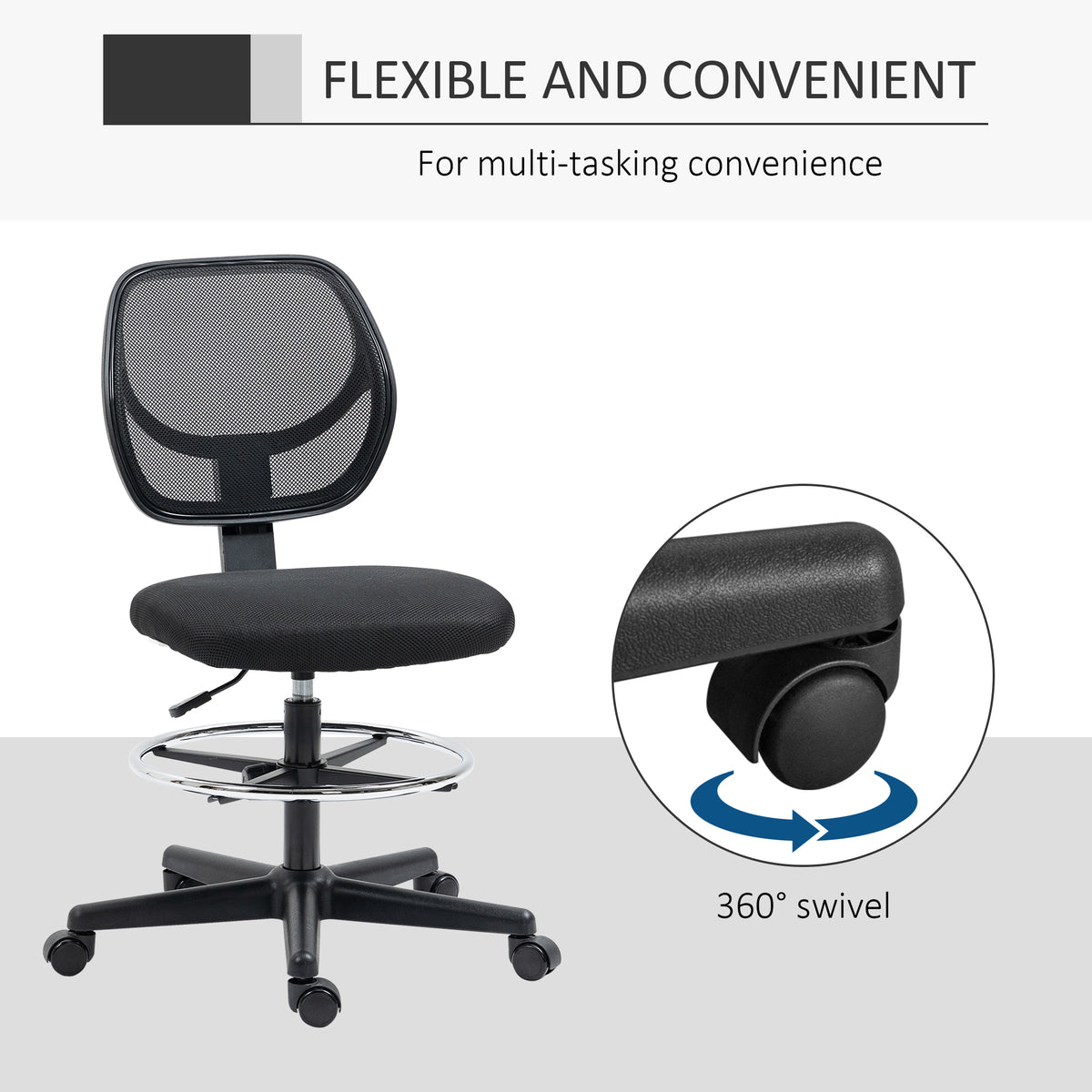 Standing desk chair with mesh back, padded seat, footrest ring, and swivel caster wheel