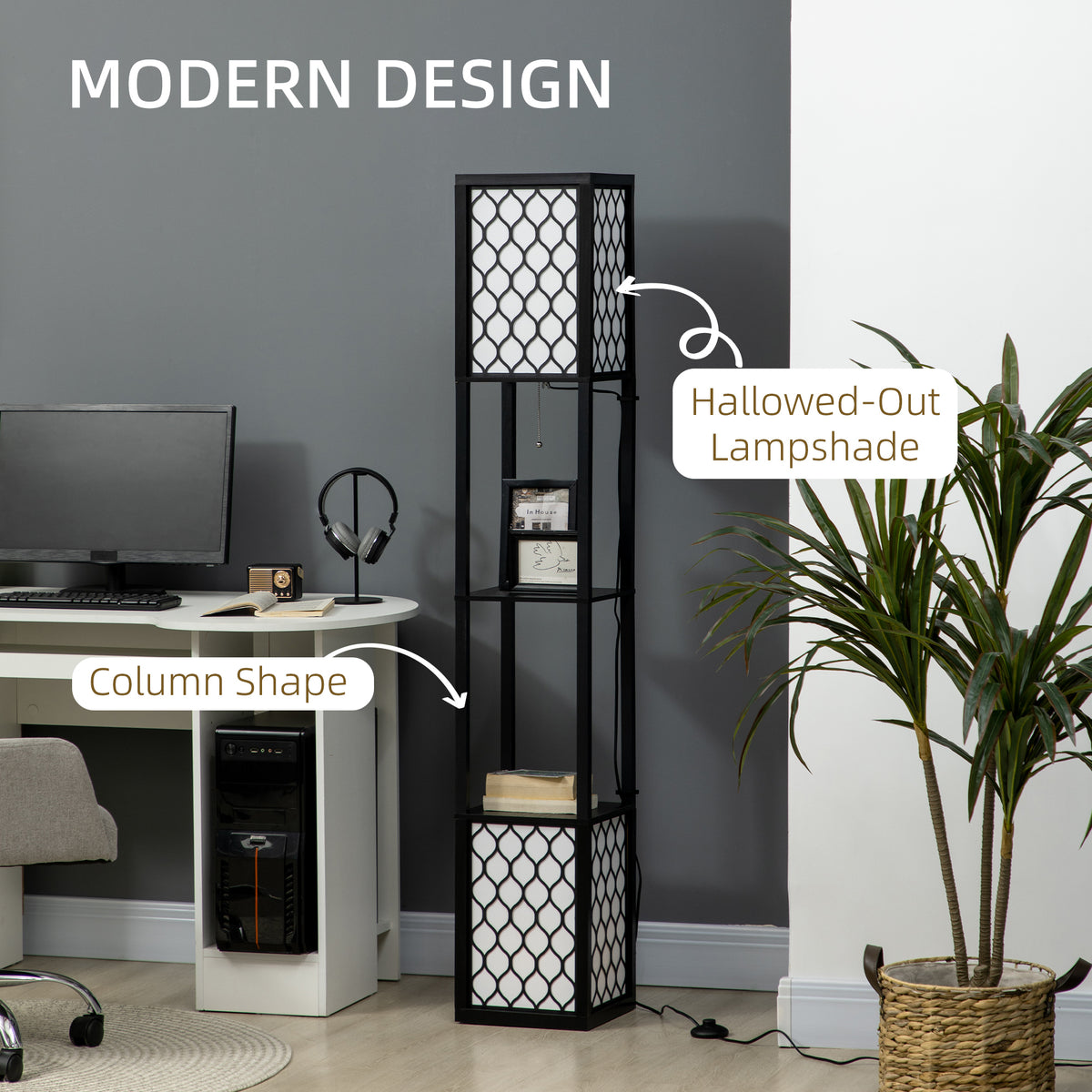 Black floor lamp with openwork shade and display shelves.