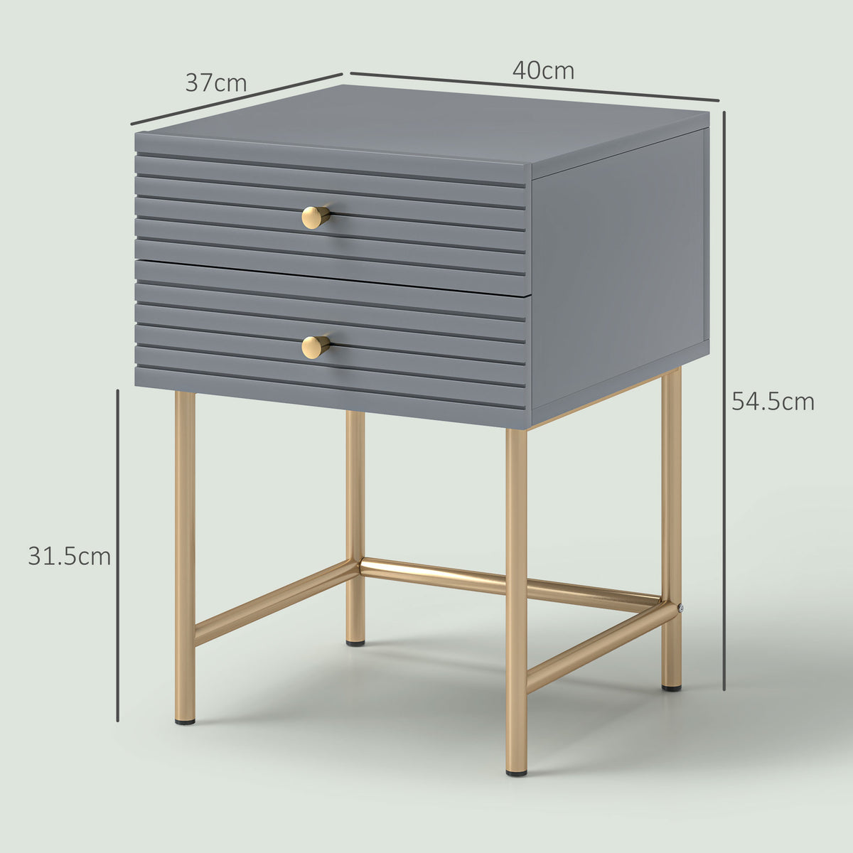 Grey HOMCOM bedside table with two ribbed drawers, gold-tone legs, and 40 by 37 cm top