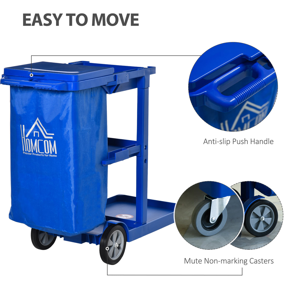 Blue janitor trolley with a push handle, large wheels and swivel casters.