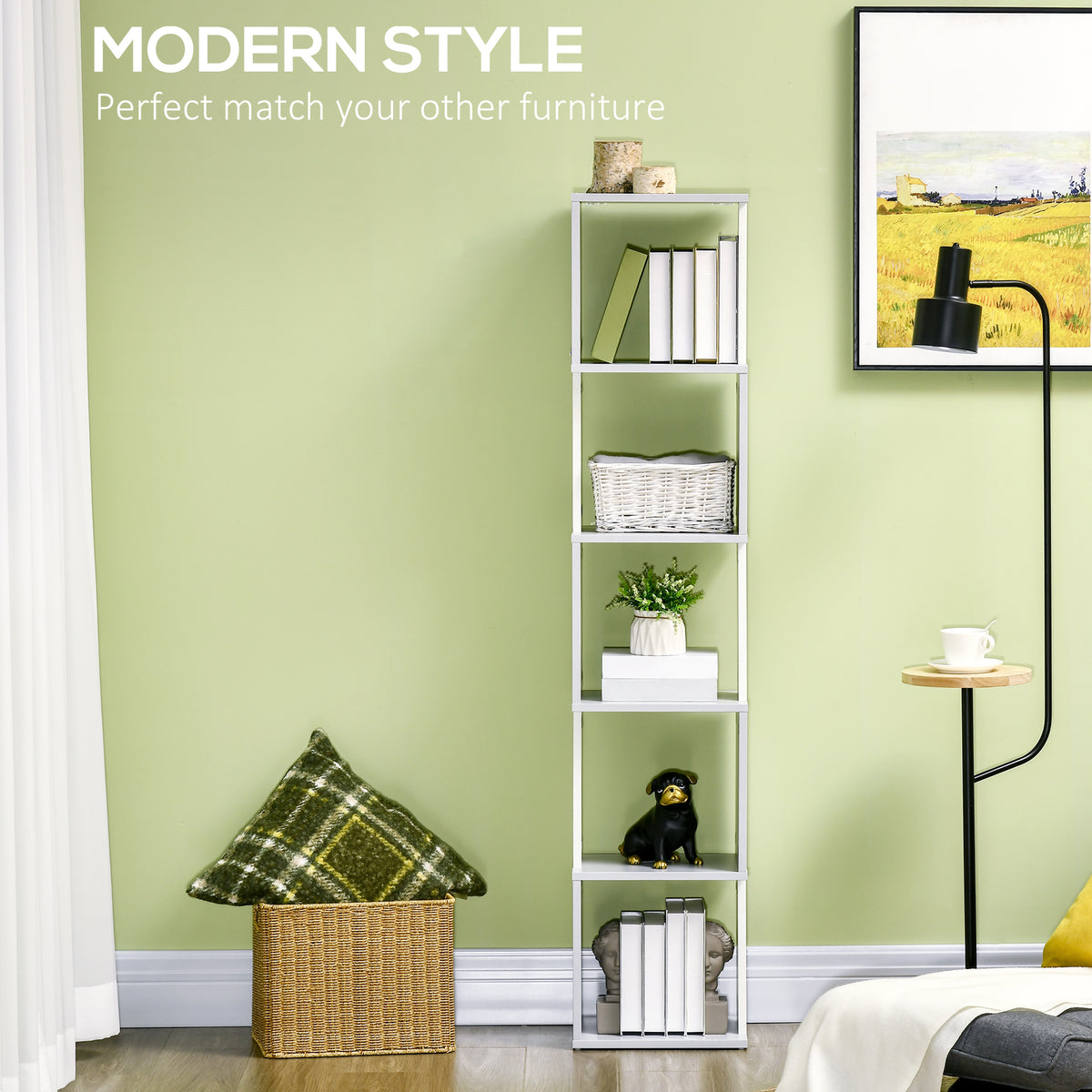 HOMCOM white and light grey bookshelf styled with books, a basket, and decor