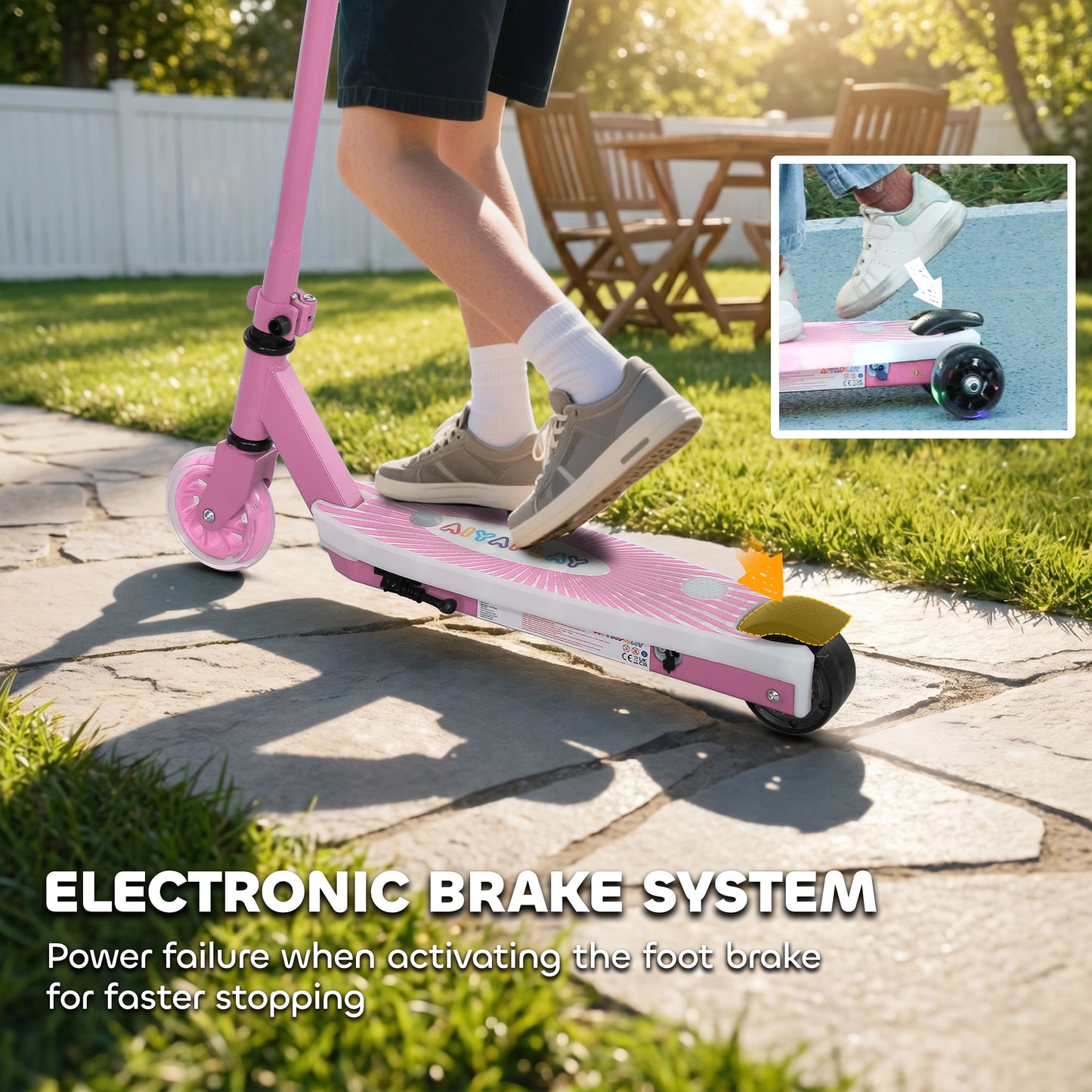 AIYAPLAY Electric Scooter for Kids Aged 4-7 Years, with Flashing LED Lights, Rear Auxiliary Wheels, Pink