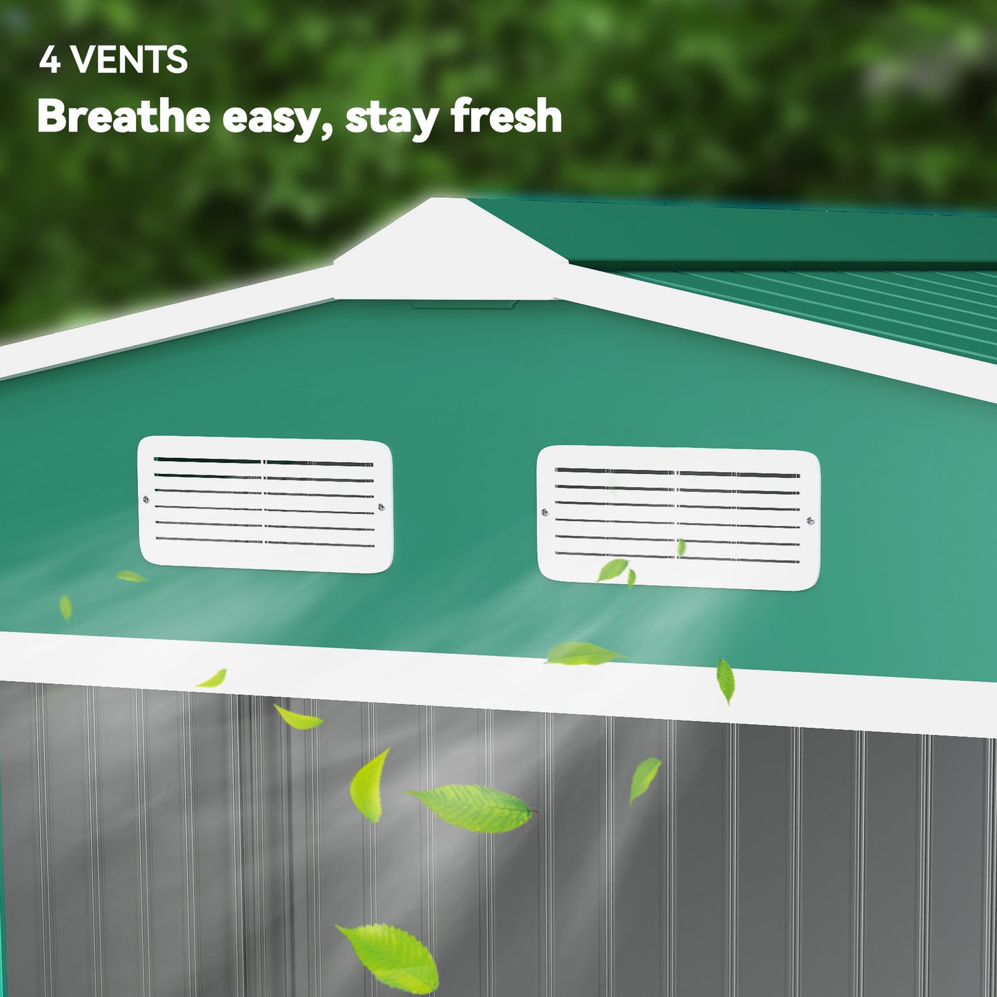 Outsunny green metal shed with two white louvered ventilation vents
