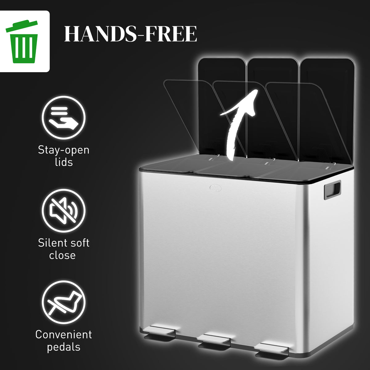 HOMCOM triple pedal bin with raised stay-open lids