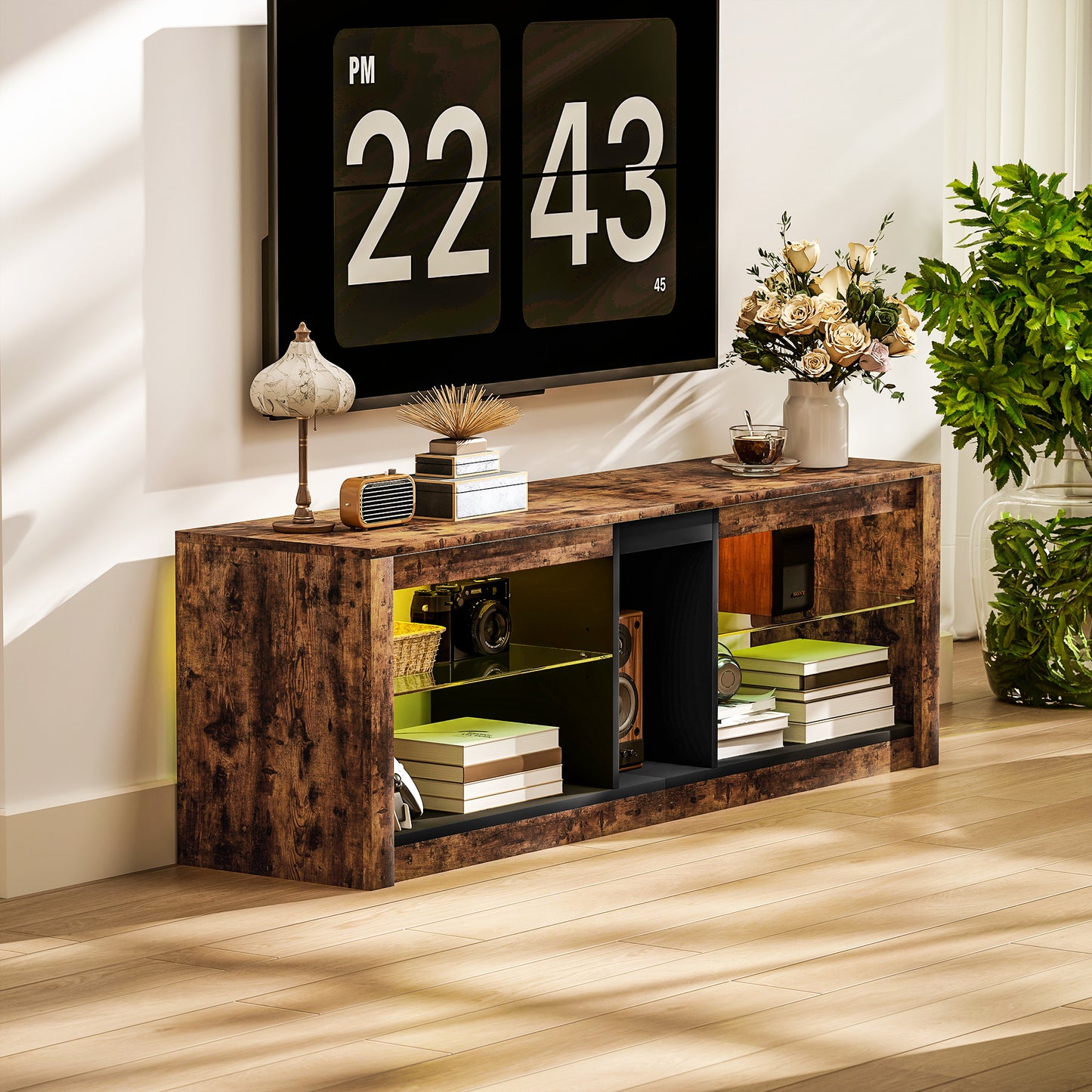 HOMCOM TV Stand Cabinet with LED Lights and Remote Control for TVs up to 65", Entertainment Centre with Storage Shelves and Compartment, Rustic Brown
