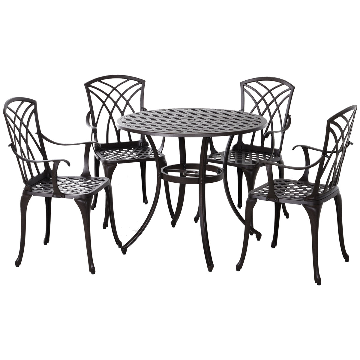 Outsunny five-piece garden dining set with round table and four lattice-back armchairs