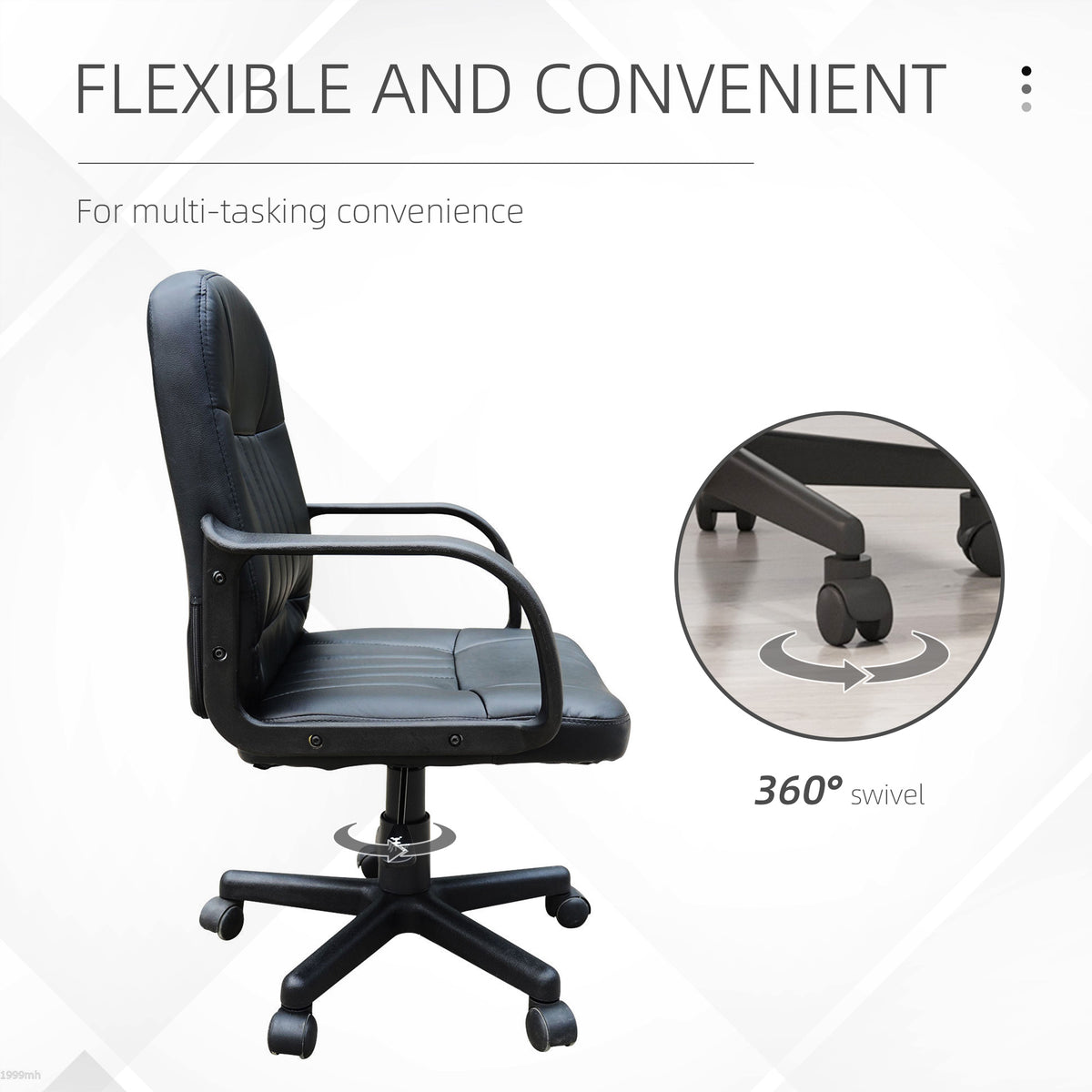 Black swivel office chair shown from the side with a close-up of its caster wheel