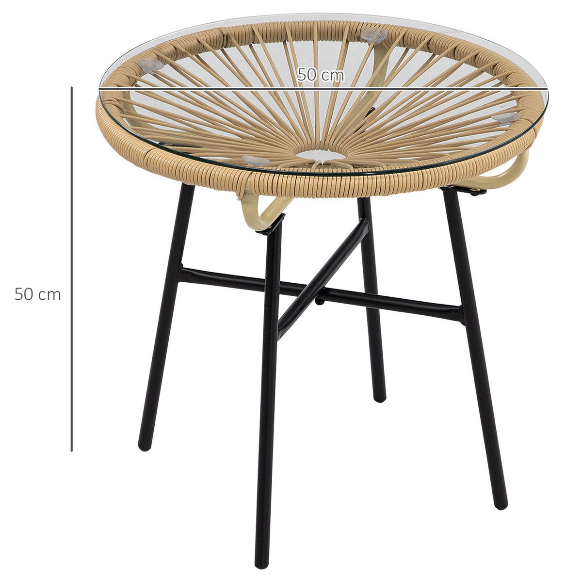 Round rattan side table with glass top and black legs, shown with 50 cm dimensions