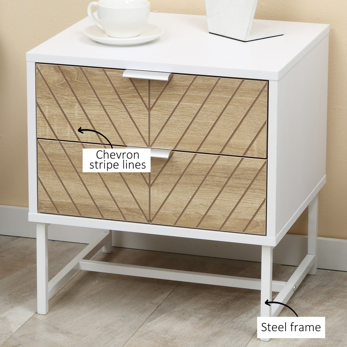 HOMCOM bedside table with chevron drawer fronts and white steel frame
