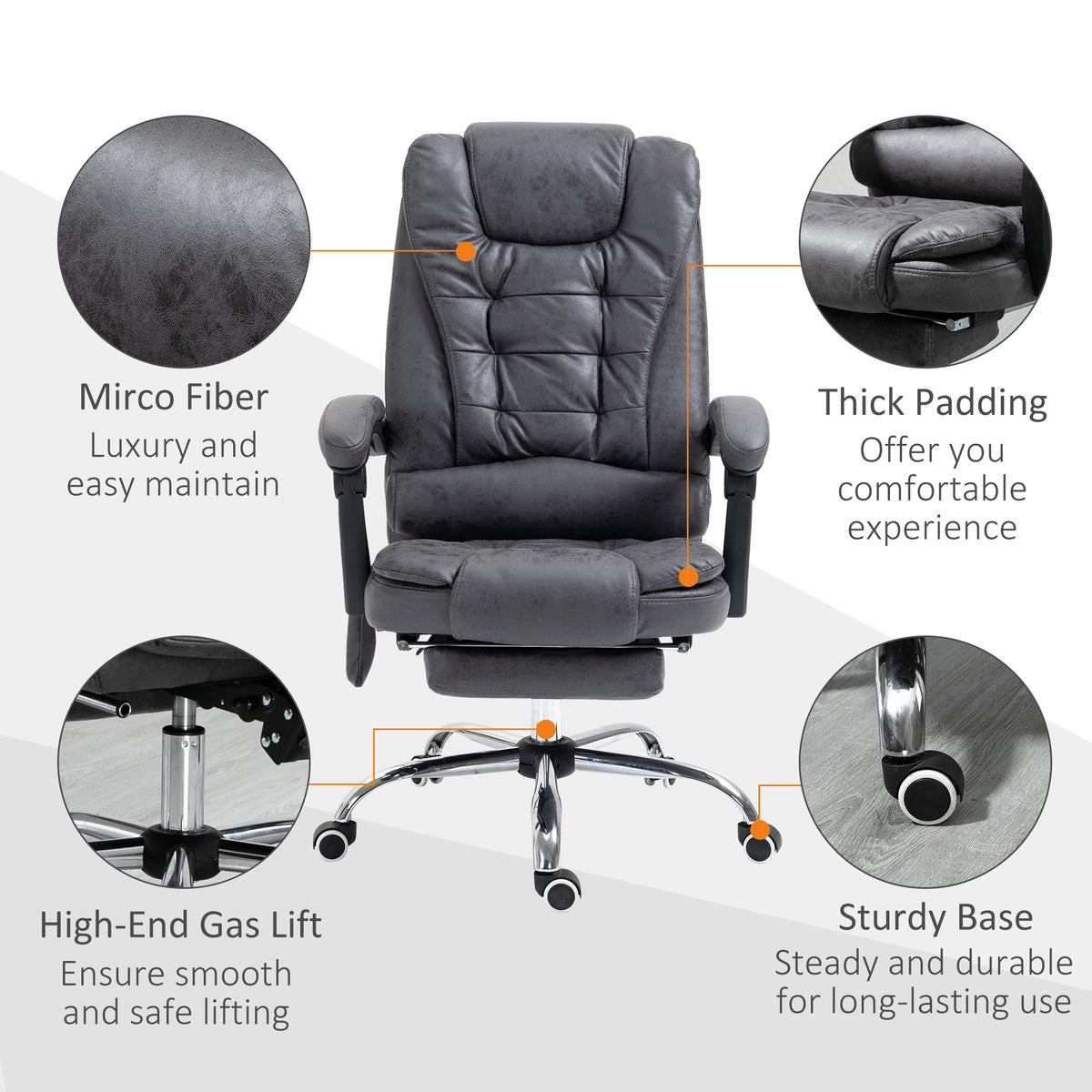 Vinsetto office chair detail showing microfiber upholstery, thick padding, gas lift, and sturdy base