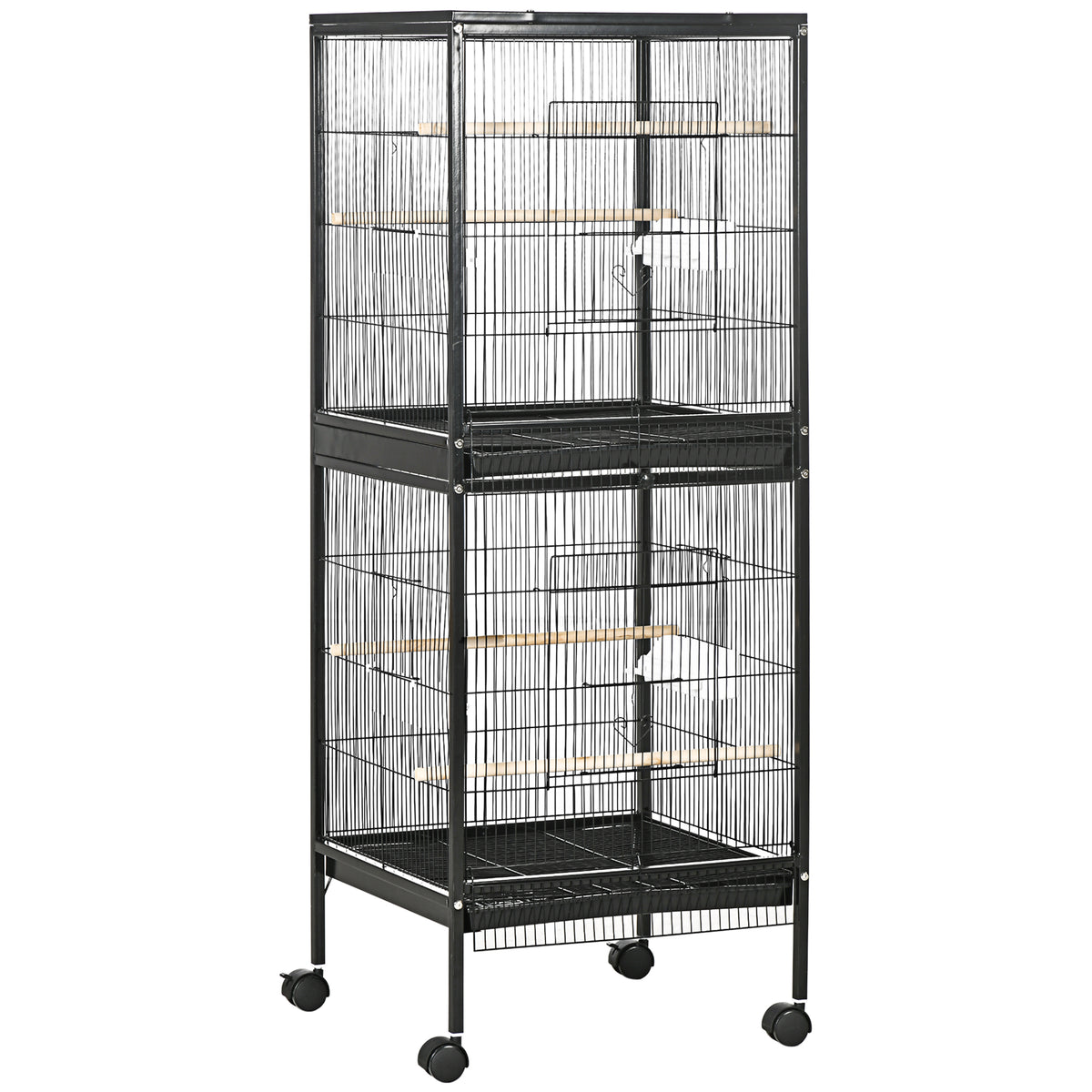 Tall black two-section bird cage on caster wheels, with perches and front doors.
