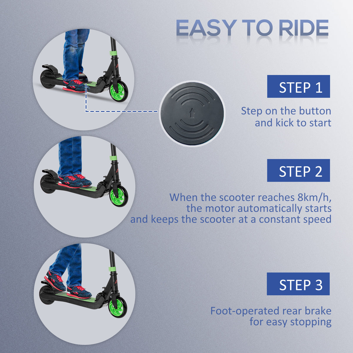 Green and black HOMCOM electric scooter with foot-operated rear brake and start button
