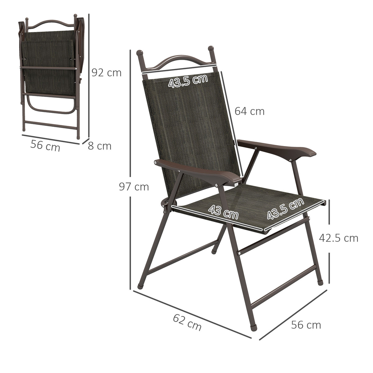 Outsunny folding garden chair with dimensions shown, folded and open