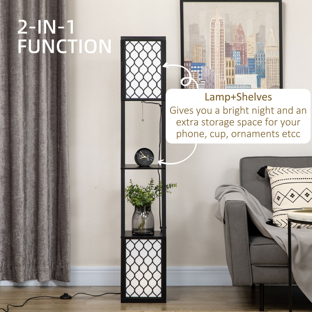 Black floor lamp with patterned shade and shelves holding small decor.