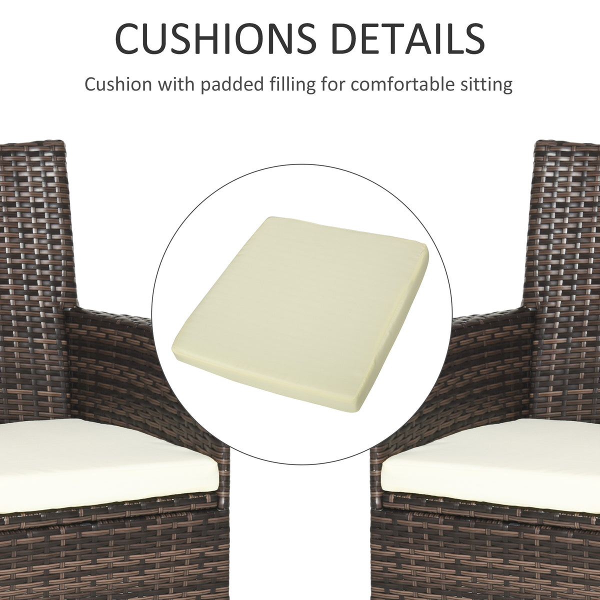 Brown rattan armchairs with cream seat cushions and a close-up of the padded filling