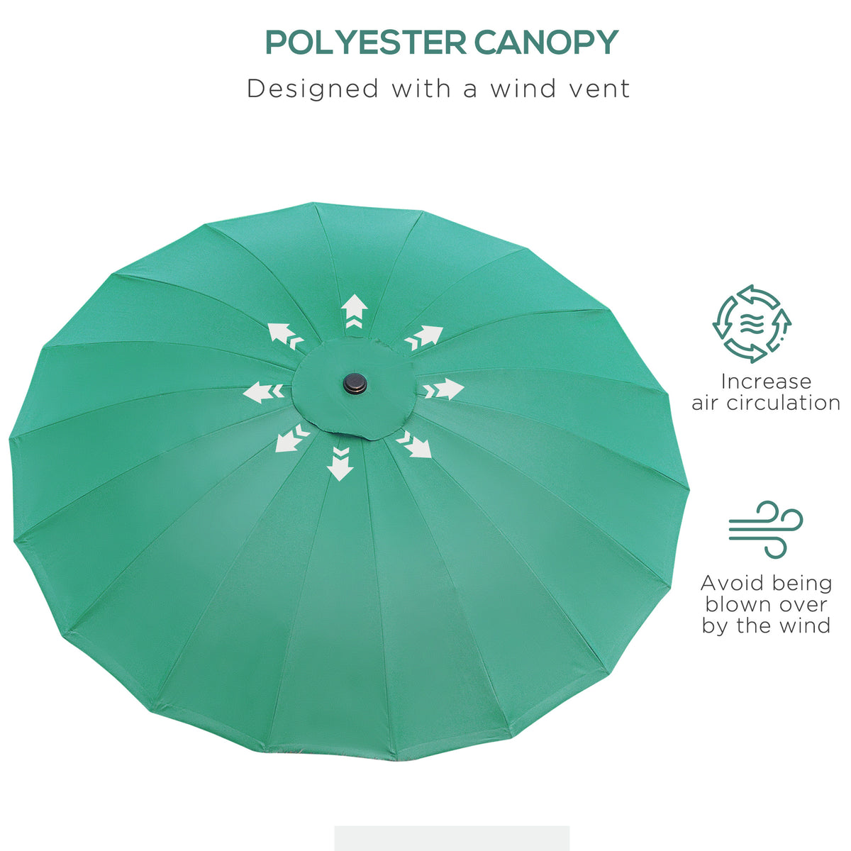 Top view of green garden parasol canopy with central wind vent