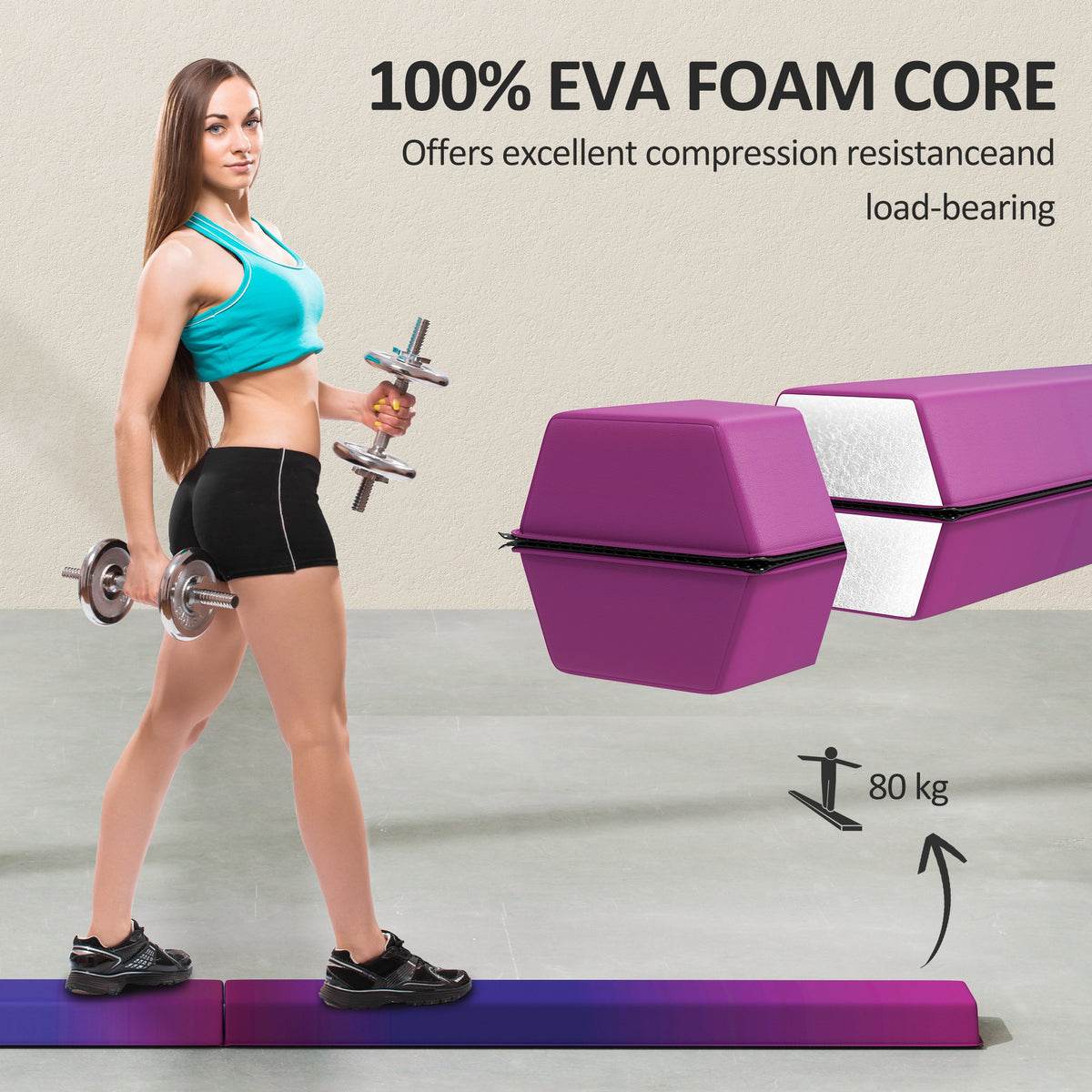 SPORTNOW purple gymnastics balance beam with EVA foam core and folding joint