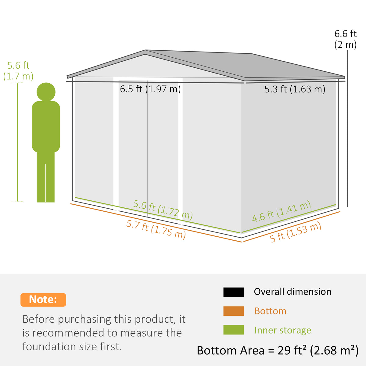 Outsunny metal garden shed dimension diagram with overall and interior storage measurements